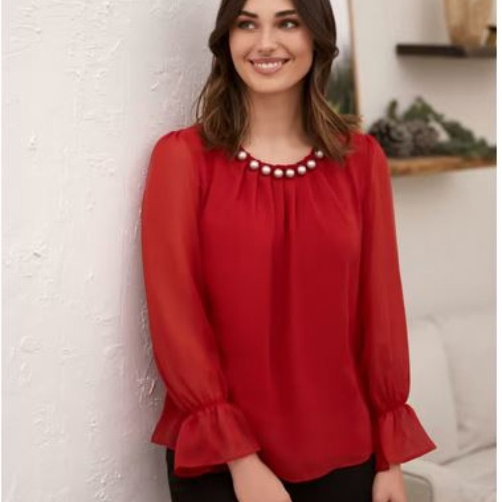 LAURA (petites):  Pearl Detail Smocked Sleeve Blouse - ruby red